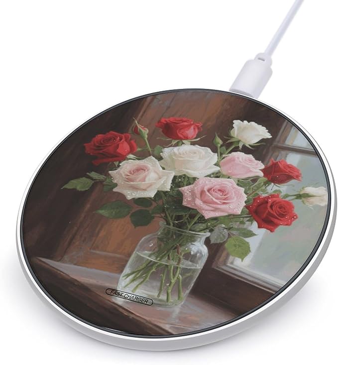 Roses Bloom Wireless Charger with USB CableAluminum Alloy Frame 10W Max Compatible Fast Wireless Charging Pad- 3.2ft Cable Included for Travel Home Office Desk