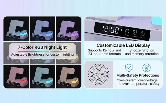 EBTOOLS 4 in 1 Magnetic Charging Station Wireless Charger Stand with LED Display Digital Clock Alarm RGB Night Light for Smartphones Watch Earbuds (Black)