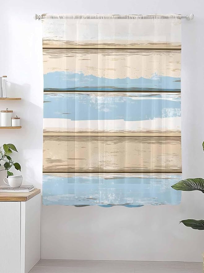 Sheer Curtains 63 Inch Length, Vintage Geometric Blue Semi Sheer Curtains Light