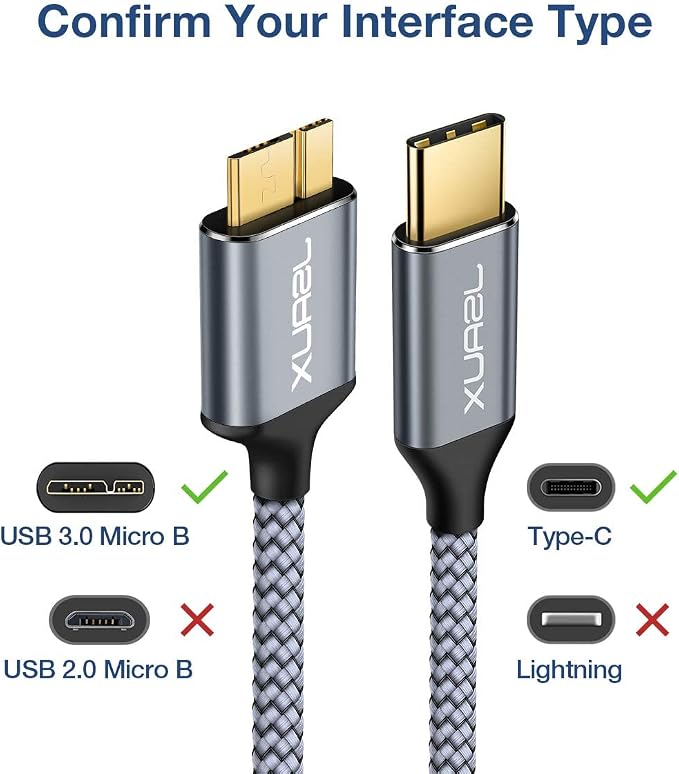 JSAUX 10Gbps Micro B to USB C Hard Drive Cable [1.5FT+1.5FT] | Nylon Braided Long External Hard Drive Cable Compatible for Seagate WD etc MacBook Pro/Air Galaxy S24 iPad