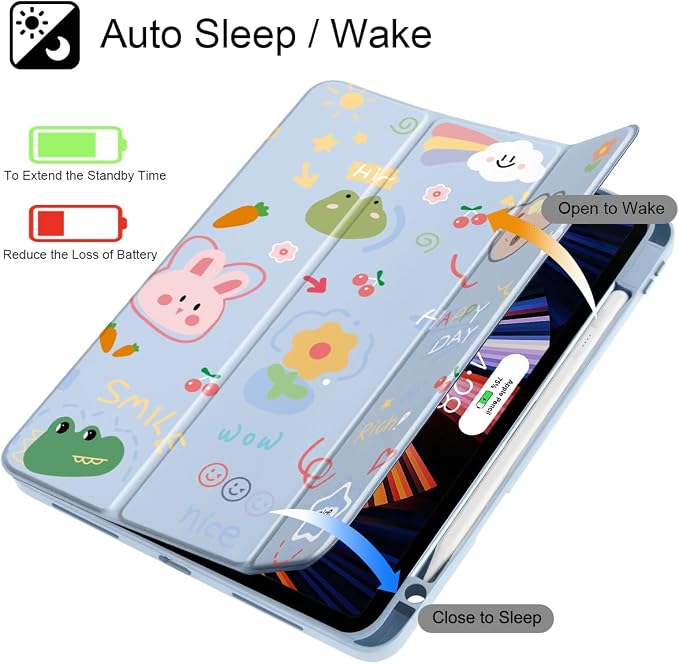 May Chen Case for iPad 12.9 Inch (6th/5th/4th/3rd Generation 2022/2021/2020/2018) Pencel Holder + Trifold Support Auto Sleep/Wake Transparent Shockproof Back Cover Blue Bows