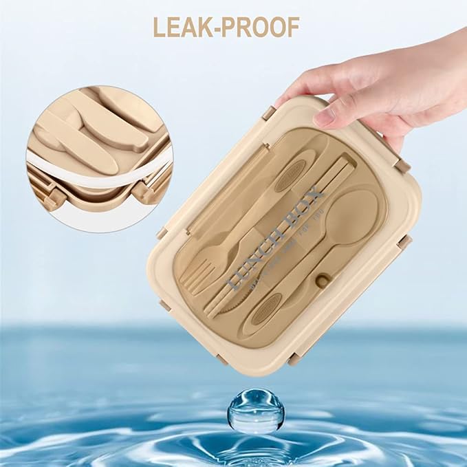 NatraProw Bento Box for Adult, 1200 ML Lunch Containers, LeakProof Lunch Box with Utensils, BPA Free, 3 Compartment Bento Box Microwave Safe, Khaki