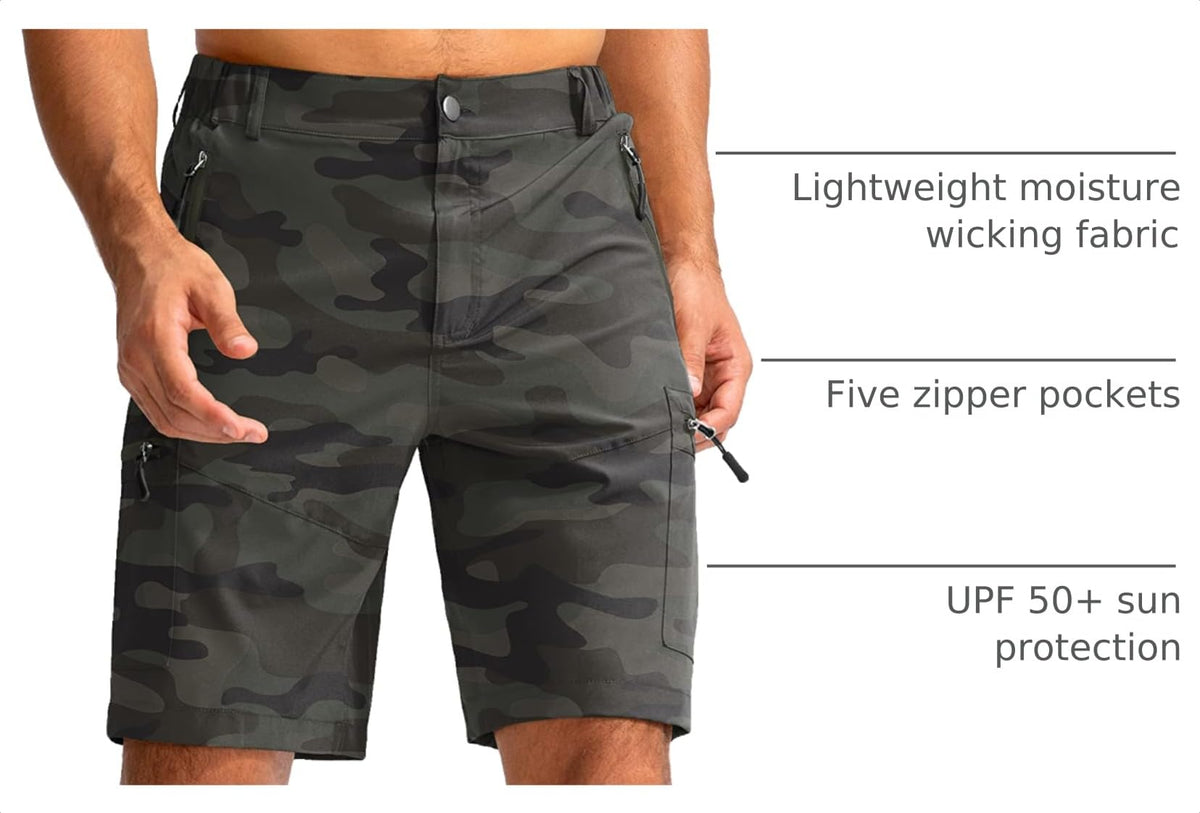 Pudolla Men's Hiking Cargo Shorts 9" Lightweight Outdoor Work Shorts for Men Travel Golf Camping Casual with 5 Zipper Pockets(Green Camo Large)
