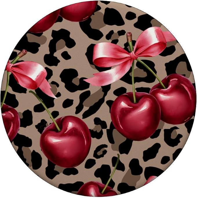 Brown Cheetah Valentine Girls Leopard Print Cherry And Bow PopSockets Adhesive PopGrip