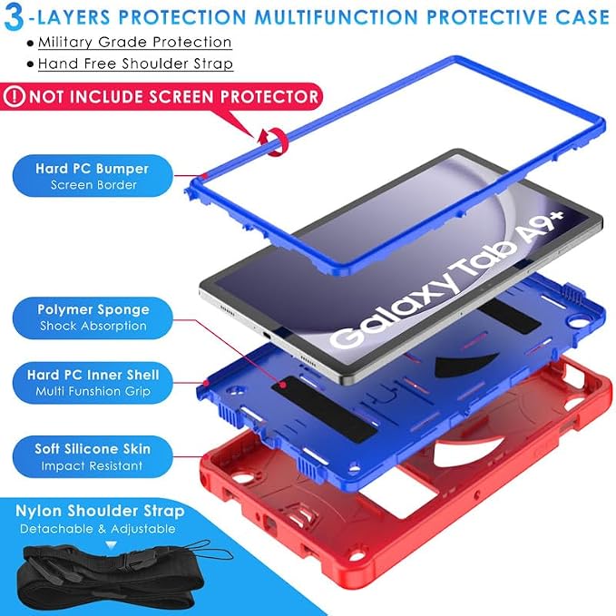 DETUOSI Case for Samsung Galaxy Tab A11+ Plus 11 2025/ A9+ Plus 2023 with Shoulder Strap 3-Layers Hybrid Heavy Duty Full-Body Shockproof4-Angles Viewing Protective Cover