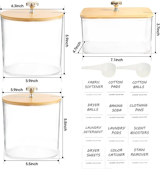 3 Pack Laundry Room Organization Storage Containers, Plastic Clear Laundry Pods Container & Dryer Sheet Holder Jars with Lids, Scoops & Labels for Detergent, Powder, Dryer Balls, Beads