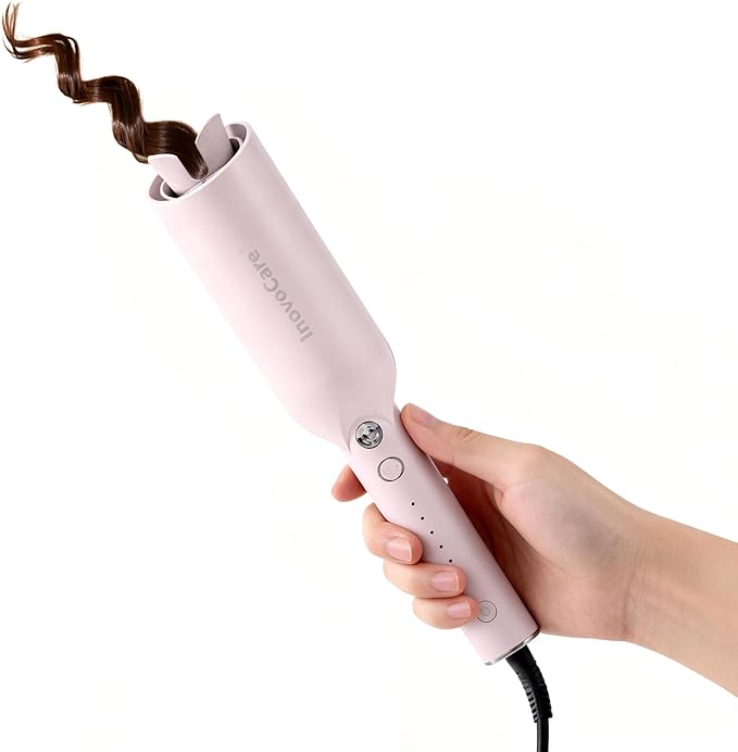 Inovocare Upgraded Automatic Rotating Curling Iron - CurlPro Plus Long Barrel Curling Wand for Long Hair, Ceramic Hair Curler for Women, Anti-Scald, Tangle-Free, 600M Ionic, Dual Voltage (Misty Rose)