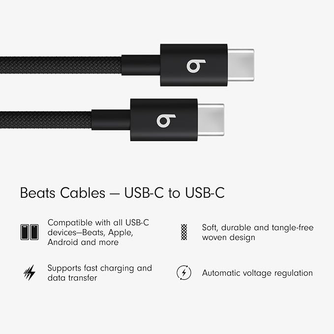Beats 240W USB-C to USB-C Braided Cable Fast Charging Durable/Tangle Free Compatible with Apple and Android Devices (3 m/10 ft) – Bolt Black