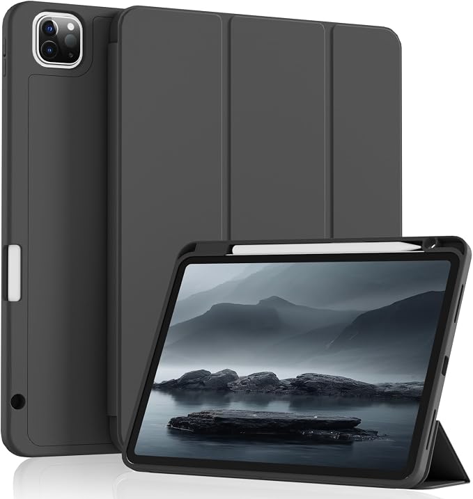 Case for iPad Pro 11 Inch 4th/3rd/2nd Generation 2022/2021/2020 | Slim Soft TPU Back Cover with Pencil Holder Three-Stage Folding Support Pencil Charging Auto Sleep/Wake Black