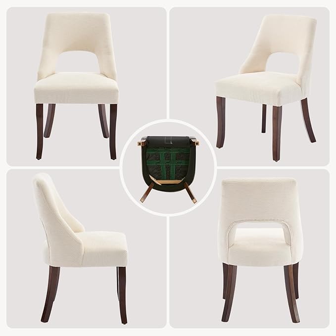 UVV Wooden Dining Chairs Set of 6, Mid Century Modern Fabric Upholstered Dining Room Chair Kitchen Chairs, Farmhouse Dinner Chair with Solid Wood Legs for Kitchen Dining Room, Beige
