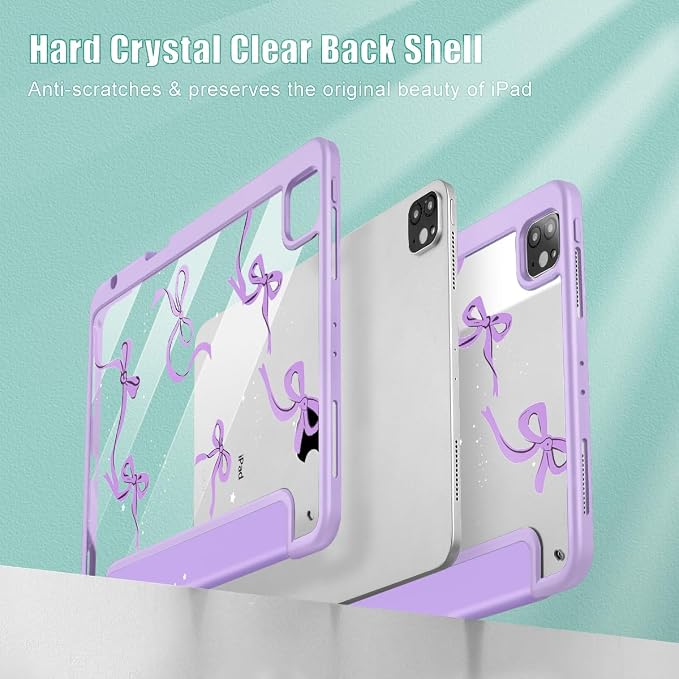 May Chen Case for iPad 12.9 Inch (6th/5th/4th/3rd Generation 2022/2021/2020/2018) Pencel Holder + Trifold Support Auto Sleep/Wake Transparent Shockproof Back Cover Blue Bows
