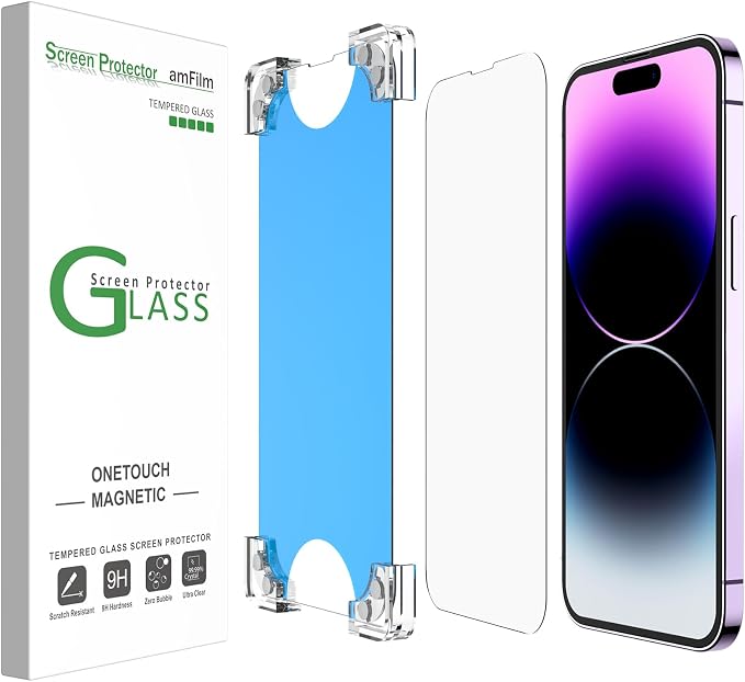amFilm 2 Pack Magnetic OneTouch Compatible with iPhone 13 Pro Max 6.7/ iPhone 14 Plus 6.7 Screen Protector Tempered Glass Full Coverage with Easy Installation Kit (Magnetic &amp Reusable)