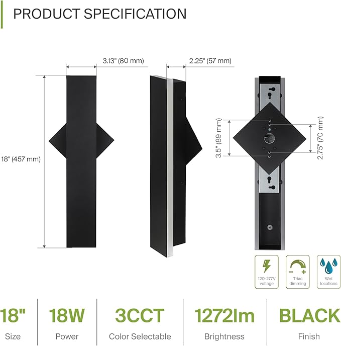 ASD LED 18" Long Wall Mount Light Fixture, Outdoor & Indoor Linear Sconce | 3CCT, Dimmable, Waterproof, Anti-Rust, ETL Listed | 18W 1200LM 3000-5000K 100-277V | Exterior Porch Lighting | Black, 2 Pack