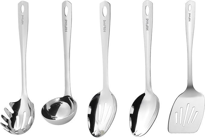 HIFIND Stainless Steel Cooking Utensils Set, 5PCS Kitchen Utensils Set, Durable Kitchen Gadgets, Ladle, Slotted Turner, Slotted Serving Spoon, Solid Serving Spoon, Pasta Fork