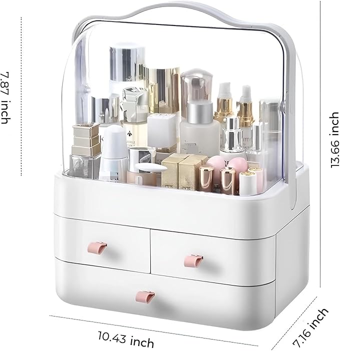 Makeup Organizer and Storage for Vanity with Lid and Drawers, Waterproof and Dustproof Portable Skincare Cosmetics Boxes, Makeup Caddy Holder for Vanity Countertop, Bathroom, Dresser, Bedroom