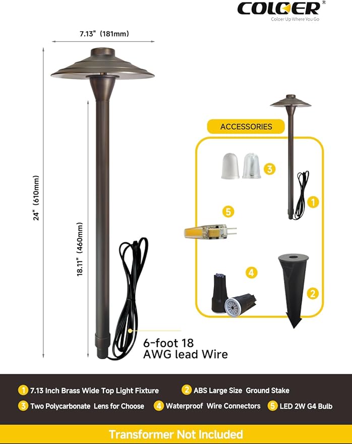 COLOER Brass Low Voltage Walkway Lights for Outside Bronze Finish 4-Pack with LED G4 Bulb,9-17V AC/DC 2W 2700K Warm White Outdoor Landscape Path Lights for Garden,Yard,Sidewalk or Driveway(601B)