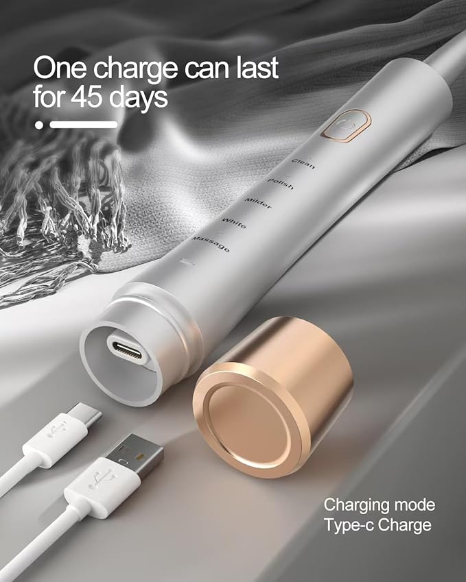 AJELU High Vibration Sonic Electric Toothbrush for Adults with 2 Minutes Smart Timer, Fast Charge Lasts Long, 5 Optional Modes, 8 Replacement Brush Heads Ultra Whitening, White