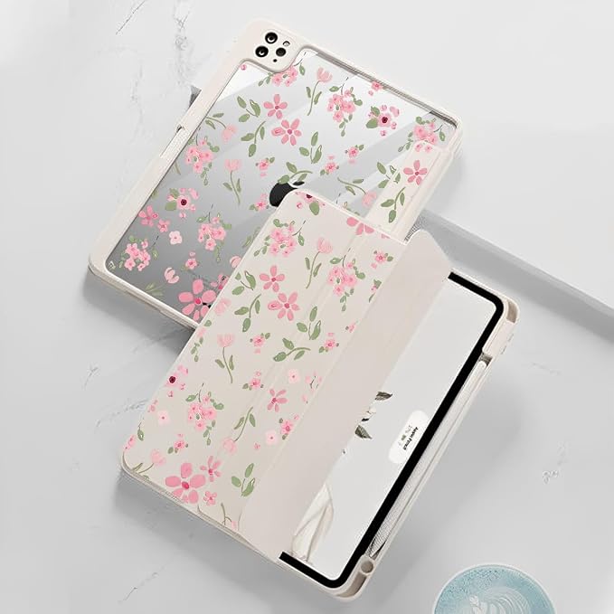 iPad Pink Case for iPad Pro Generation 11Inch 2018/2020/2021/2022 with Pencil Holder-[Auto Wake/Sleep] Trifold Stand Soft TPU Protective Cover Cute Cherry Bow