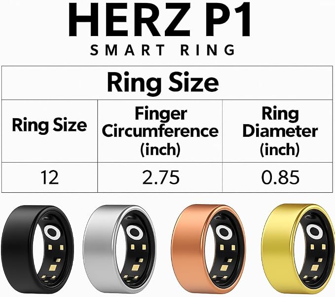 Herz P1 Smart Ring and Charging Case Bundle - (Size 12) Health Ring Tracks 20+ Metrics Bluetooth Sleep &amp Activity Tracker 6 Day Battery Life Magnetic Charging Case iOS &amp Android App
