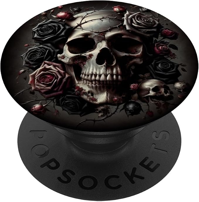 Skull and Roses Floral Black Dark Goth Horror Skull PopSockets PopGrip for MagSafe