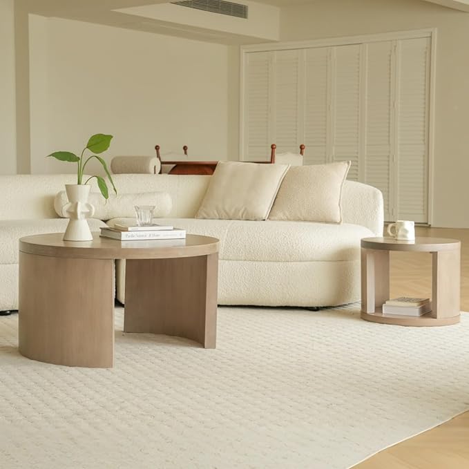 Round Nesting Coffee Table Set of 2, 31.5" Large and 18" Small Low Tables, Modern Wood Grain Tables for Living Room, Gray
