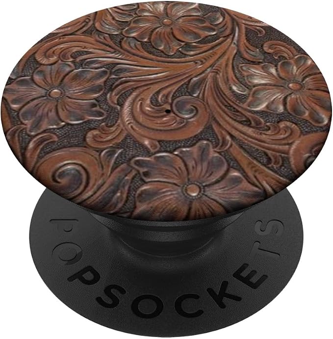 Western Brown Tooled Floral Print PopSockets Adhesive PopGrip