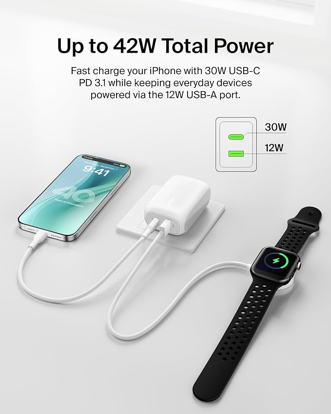 Belkin 42W Dual Port USB C and USB A Charger Block Fast Charging | Super Fast Charging Samsung Galaxy S26 iPhone 17 Air Pro Pro Max iPad AirPods Apple Watch