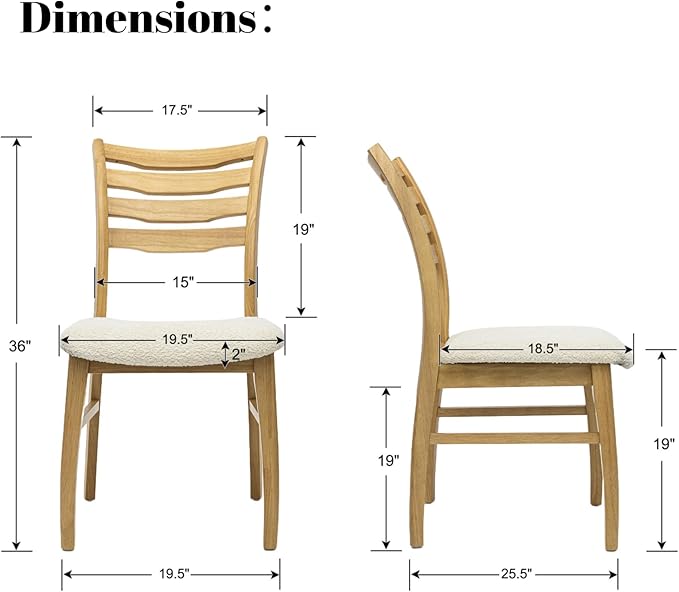 DUOMAY Farmhouse Dining Chairs Set of 2, Fur White Upholstered Side Chairs Solid Wood Ladder Back Kitchen Chairs for Home Dining Room, Light Browm Frame