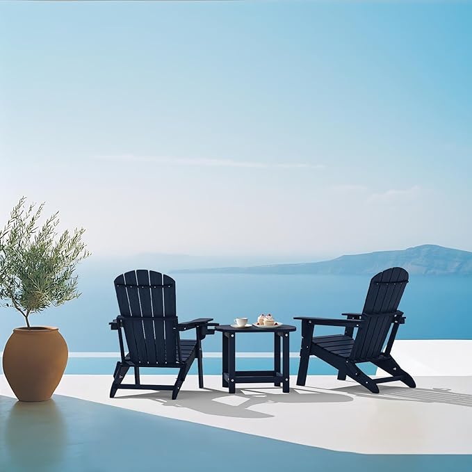 Plawdlik Folding Adirondack Chair, SGS Tested, Wooden Textured with Cup Holder, Heavy All-Weather HDPE Comfortable Set Poolside Backyard Lawn Navy Blue