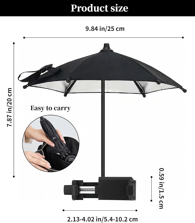 Strong Phone Sunshade Umbrella for iPhone/Android with Sturdy Clip - 360 Adjustable Mini Tanning Shade Cover - UPF 50+ UV Protection - Ultra-Lightweight &amp Compact - Black