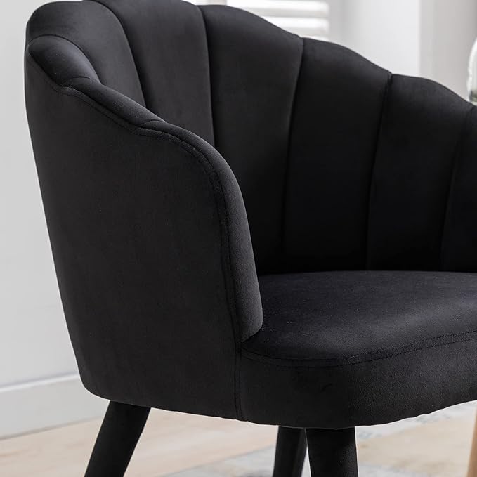 Velvet Dining Chairs Set of 2 Modern Living Room Chairs with Petal Back & Wood Legs Comfy Upholstered Side Chair for Dining Room/Bedroom/Vanity, Black