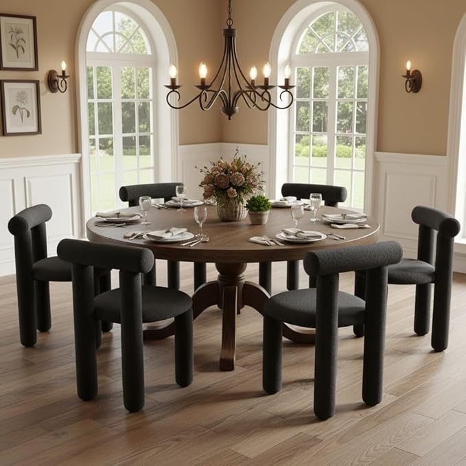 DUOMAY Modern Black Boucle Dining Chairs Set of 8, Sherpa Upholstered Kitchen Chairs Armless Barrel Back Dining Chair, Living Dining Room Chairs, Reception, White