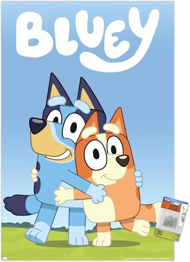 Bluey - Hug Wall Poster with Pushpins, 22.37" x 34.00", Premium Poster & Push Pin Bundle