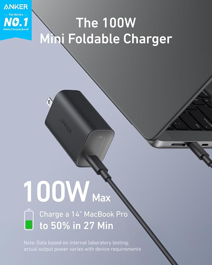 Anker Laptop Charger 100W Foldable Type C Charger Fast Charging | For MacBook iPhone 17 Series and All USB C Devices with 6FT USB-C Cable Included Compatible with MagSafe