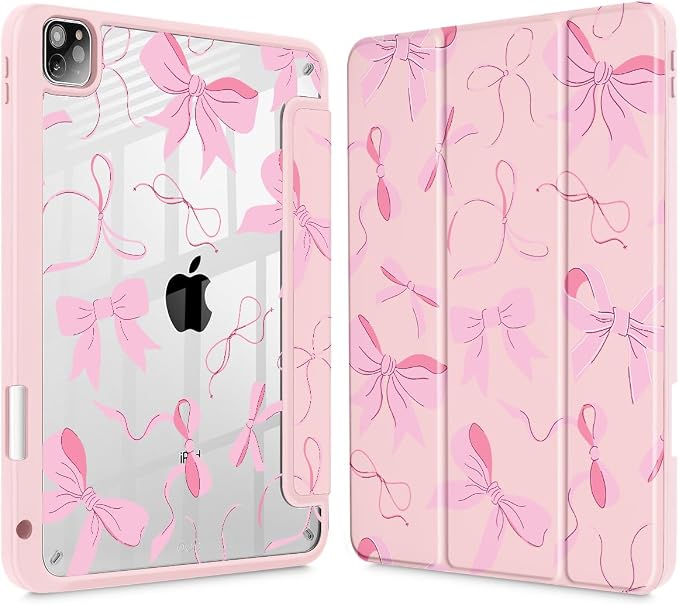 May Chen Case for iPad 12.9 Inch (6th/5th/4th/3rd Generation 2022/2021/2020/2018) Pencel Holder + Trifold Support Auto Sleep/Wake Transparent Shockproof Back Cover Blue Bows