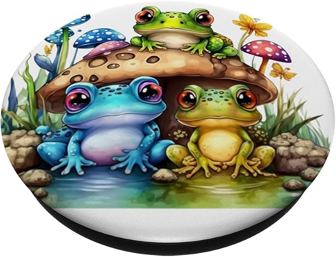 Colorful Frog Family on Toadstool Cartoon Mobile Holder PopSockets Adhesive PopGrip
