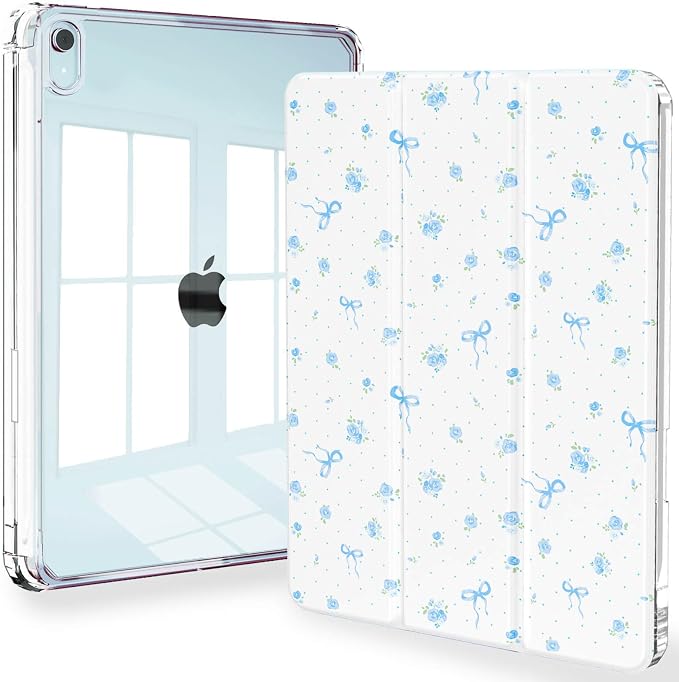 Feams Case for iPad mini 7 A17 Pro 2024/iPad Mini 6 2021 Slim Lightweight Trifold iPad mini 7 A17 Pro Case 8.3 Inch 2024 Clear Back Cover with Pencil Holder &amp Auto Sleep Blue Bow