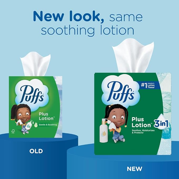 Puffs Facial Tissues Plus Lotion 24 Family Rectangle Boxes 124 Facial Tissues per Box Allergies and Colds (Packaging May Vary)