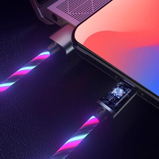 IHAO Multi Ports Light-Up USB Cable USBA to USBC/MicroUSB Cable Durable Fast Charging Cable with Visible Current Flow As Night Light Use-3in1 Blue