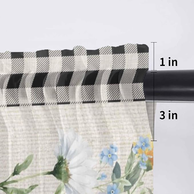 Blue Pink Floral Sheer Valance Curtains, Spring Summer Botanical Linen Black