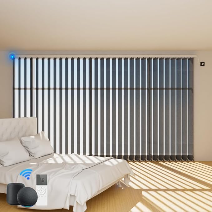 Blindify Motorized Vertical Blinds Compatible with Alexa Google Home, Light Filtering Sliding Door Shades Smart Vertical Blinds Remote Control Customize, Pure Deep Grey