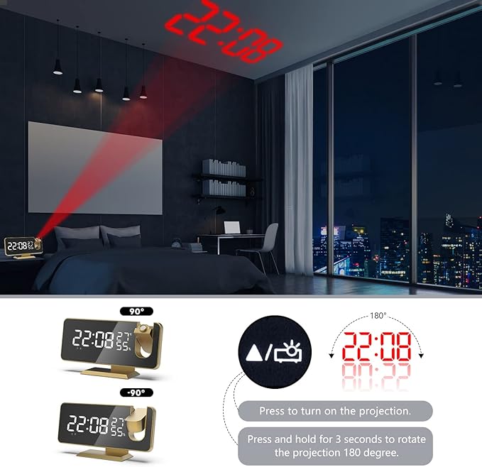Mightree Projection Alarm Clock for Bedroom, Digital Alarm Clock with USB Charger, 7.4" Large LED Mirror Display Radio Alarm Clock, Dual Smart Alarm with Projection on Ceiling, Rich Gold