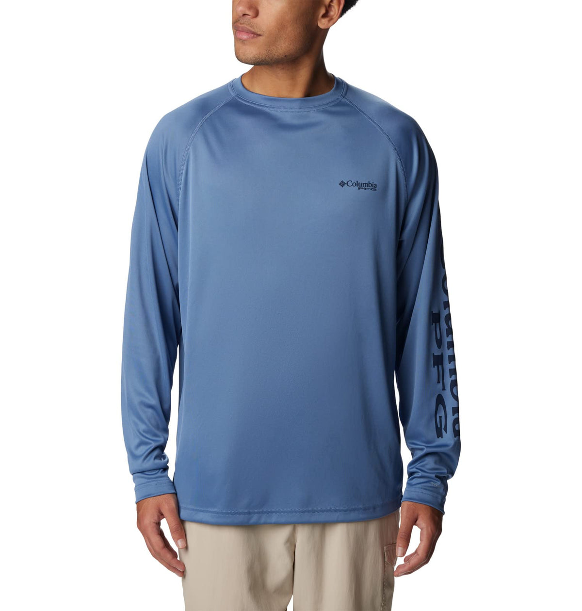 Columbia Men's Terminal Tackle Long Sleeve Shirt, Bluestone/Collegiate Navy Logo, Large Tall