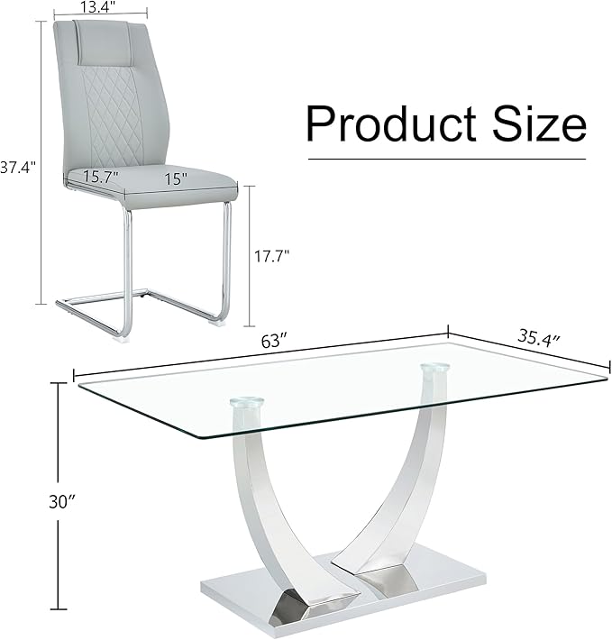 AZmac 63” Glass Dining Room Table Set for 4, Modern Kitchen Table and Chairs Set of 4, Dining Sets with Rectangular Tempered Glass and Sturdy Silver Chrome Base, for Kitchen Home