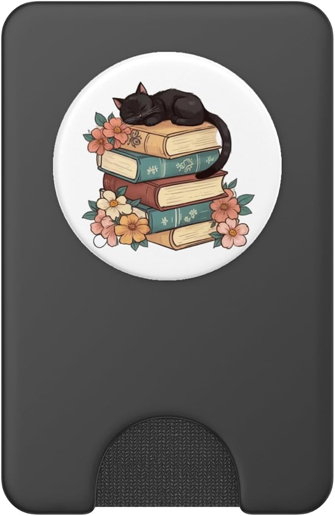 Black Cat Sitting on Books Booktrovert Librarian Bookish PopSockets PopWallet for MagSafe