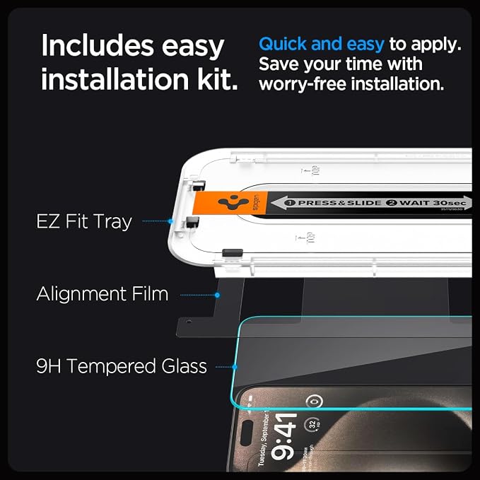 Spigen GlasTR EZ FIT Tempered Glass Screen Protector for iPhone 15 Pro | 9H Hardness Tempered Glass Easy Installation Kit Case-Friendly Crystal Clear Touch Responsive Oleophobic Coating