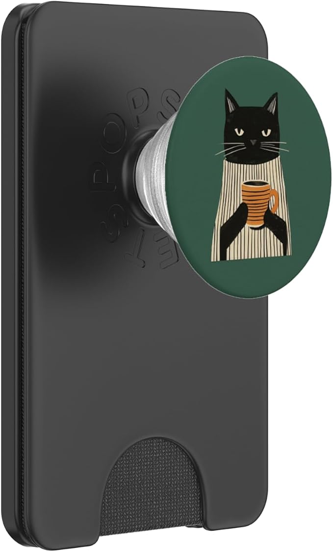 Black Cat Holding Coffee Cup Illustration PopSockets Adhesive PopGrip