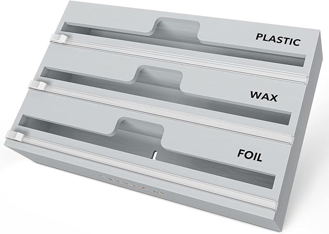 SpaceAid WrapNeat 3 in 1 Wrap Organizer with Cutter and Labels, Plastic Wrap, Aluminum Foil and Wax Bamboo Dispenser for Kitchen Storage Organization Holder for 12" Roll (Gray)