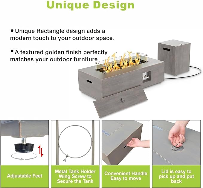 2-Piece 42" LED Rectangular Propane Fire Pit for Outside Patio with Hidden Tank Table, 50,000 BTU Fireplaces with Glass Wind Guard, Lid, Glass Rocks, Cover(Light Grey w/Warm Light)