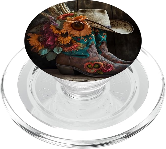 Boho Cowgirl Boots with a Flower Feather Hat for Western Rod PopSockets Adhesive PopGrip